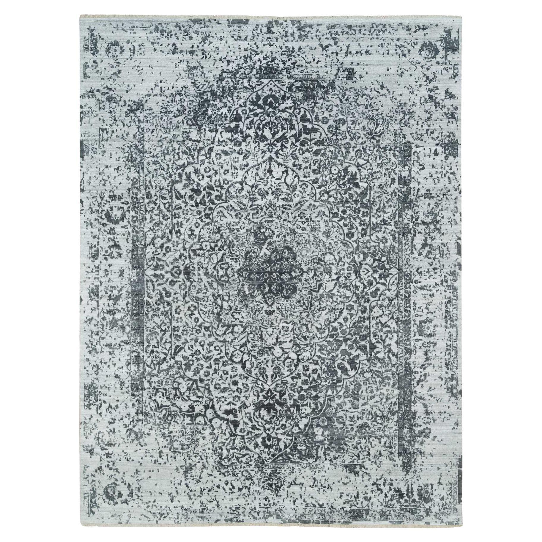9'x12'2" Tappeto grigio ghiaccio e corallo annodato a mano in lana e seta dal design persiano cancellato in vendita