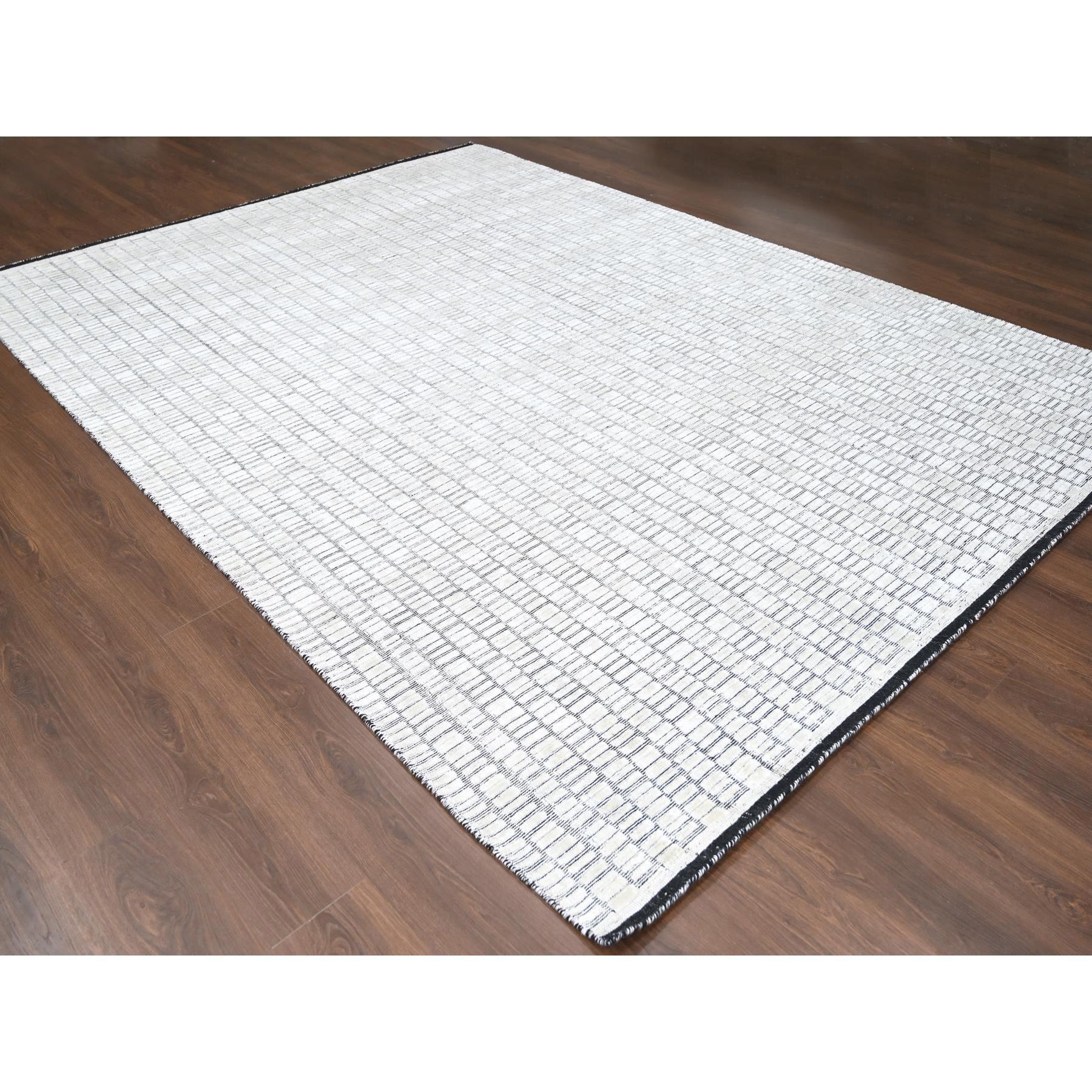 Moderno Tappeto orientale avorio e nero dal design moderno in lana e seta lavorato a mano 9'x12'2