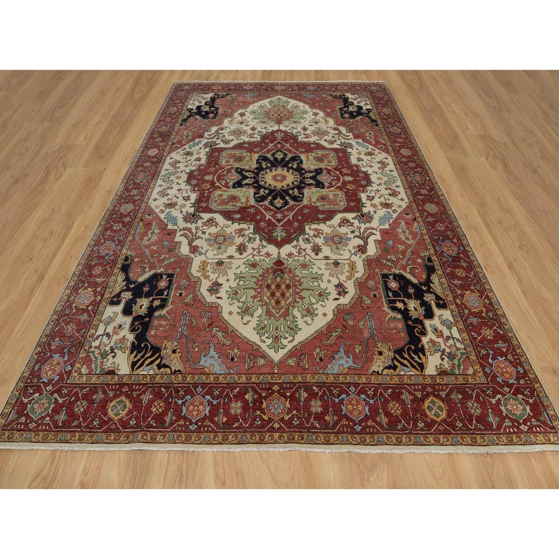 Chiffon White, Hand Knotted, Antiqued Fine Heriz Re-Creation, Medallion Design, Hand Spun New Zealand Wool, Soft Pile, Vegetable Dyes, Oriental Rug
Primary materials: Wool
Latex: No Pile 
height: 0.25 Inches
Style: Traditional
Primary color: