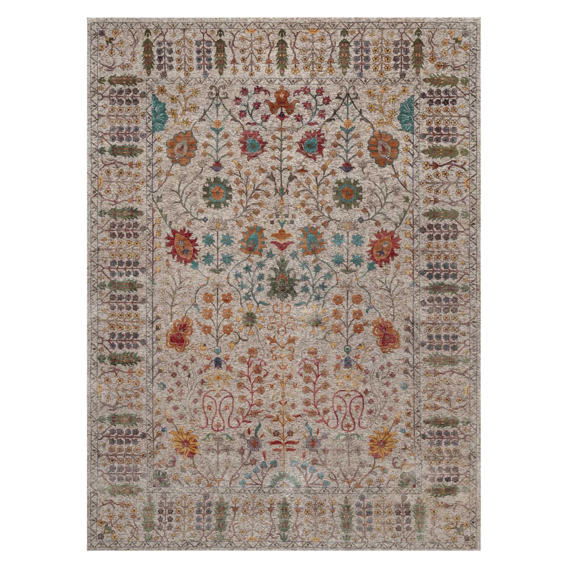 9
x12
2" Ivory Hand Knotted Silk with Textured Wool Directional Vase Design Rug