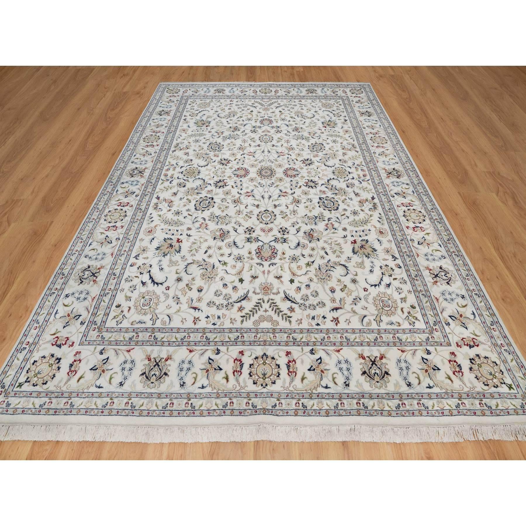 Powder White, Wool and Silk, Nain with All Over Design, Hand Knotted, 250 KPSI, Soft Pile, Oriental Rug
Primary materials: Wool & Silk
Latex: No Pile 
height: 0.25 Inches
Style: Traditional
Primary color: Ivory
Secondary colors: Red, Navy Blue,