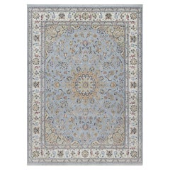9'x12'2" Light Blue Wool and Silk Nain with Medallion Design Hand Knotted Rug