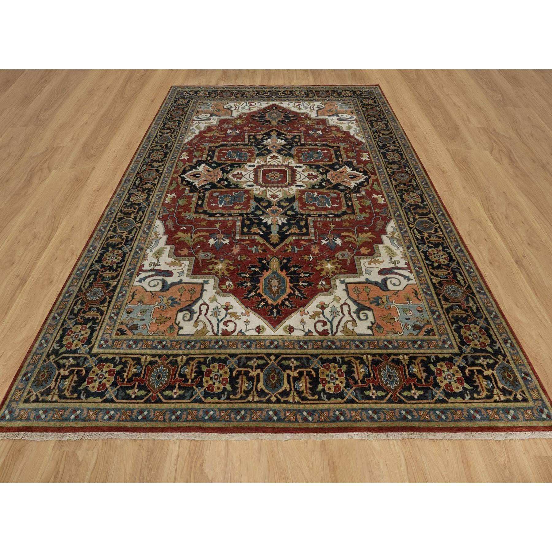 Maroon Red, Hand Knotted, Antiqued Fine Heriz Revival with Medallion Design, Hand Spun New Zealand Wool, Soft Pile, Vegetable Dyes, Oriental Rug
Primary materials: Wool
Latex: No Pile 
height: 0.25 Inches
Style: Traditional
Primary color: