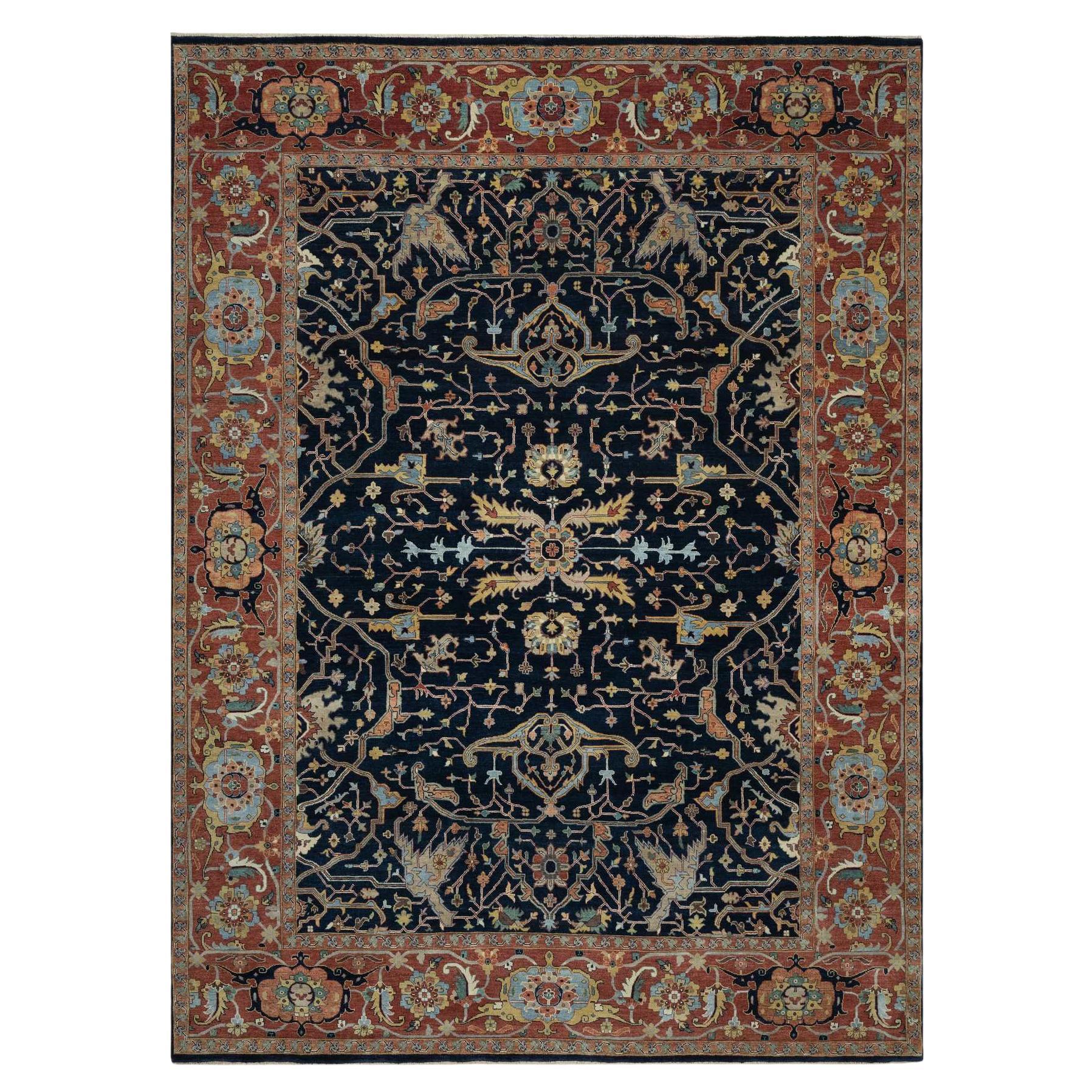 9'x12'2" Midnight Blue Antiqued Fine Heriz Re-Creation Hand Knotted Wool Rug
