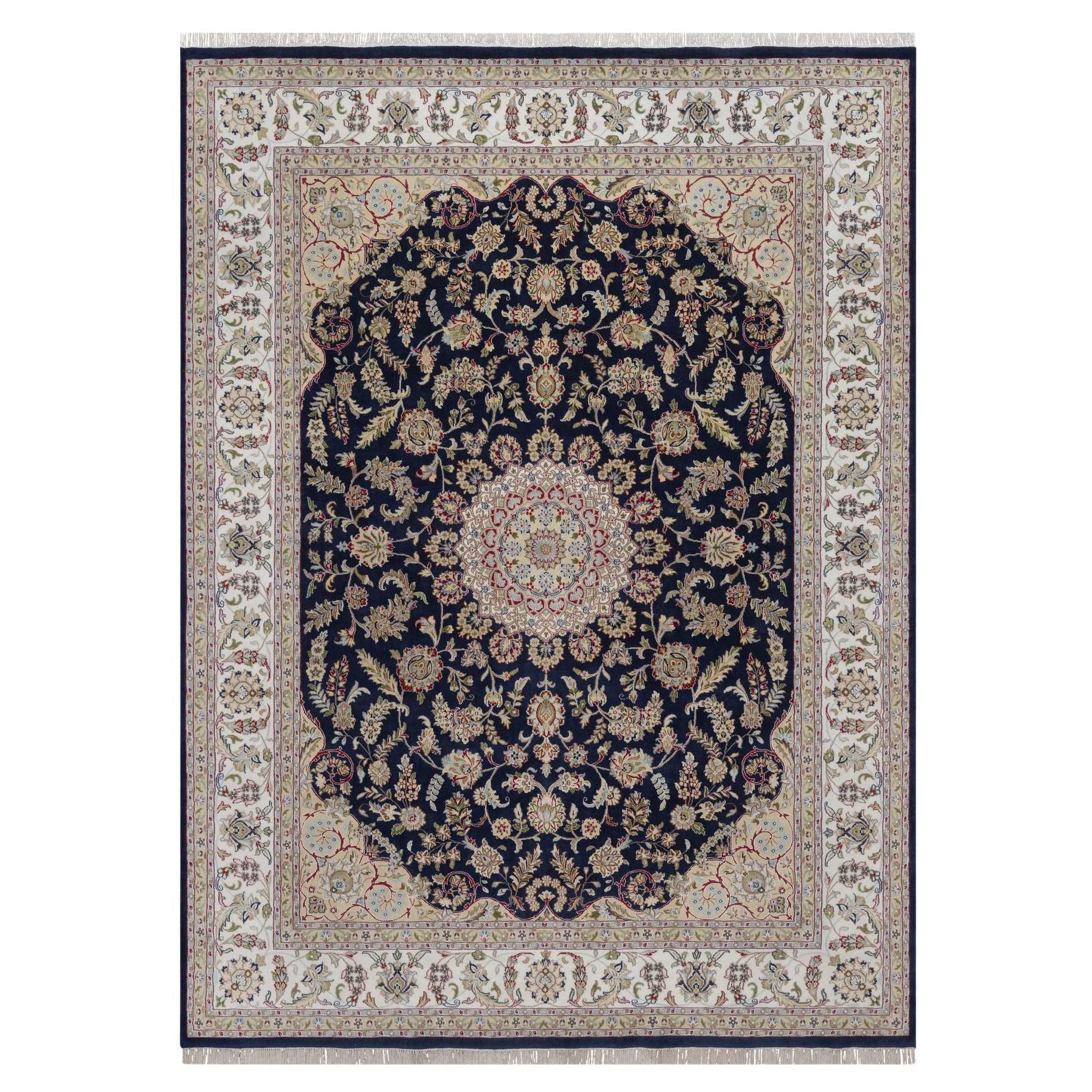 9'x12'2" Mitternachtsblau Nain mit Blume Design Hand geknüpft Wolle und Seide Teppich