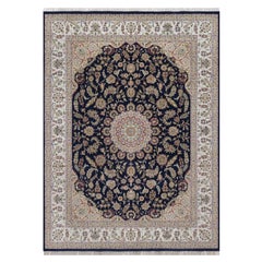 9'x12'2" Midnight Blue Nain with Flower Design Hand Knotted Wool and Silk Rug