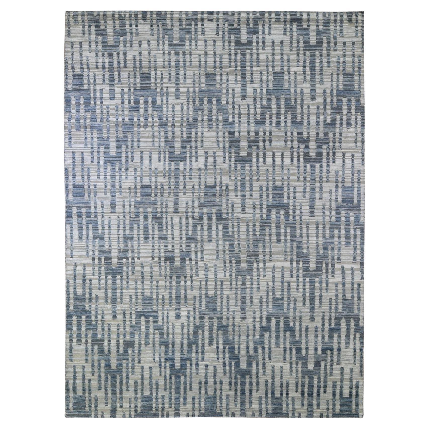 9'x12'2" Pure Silk and Textured Wool Zigzag with Graph Design Hand Knotted Rug