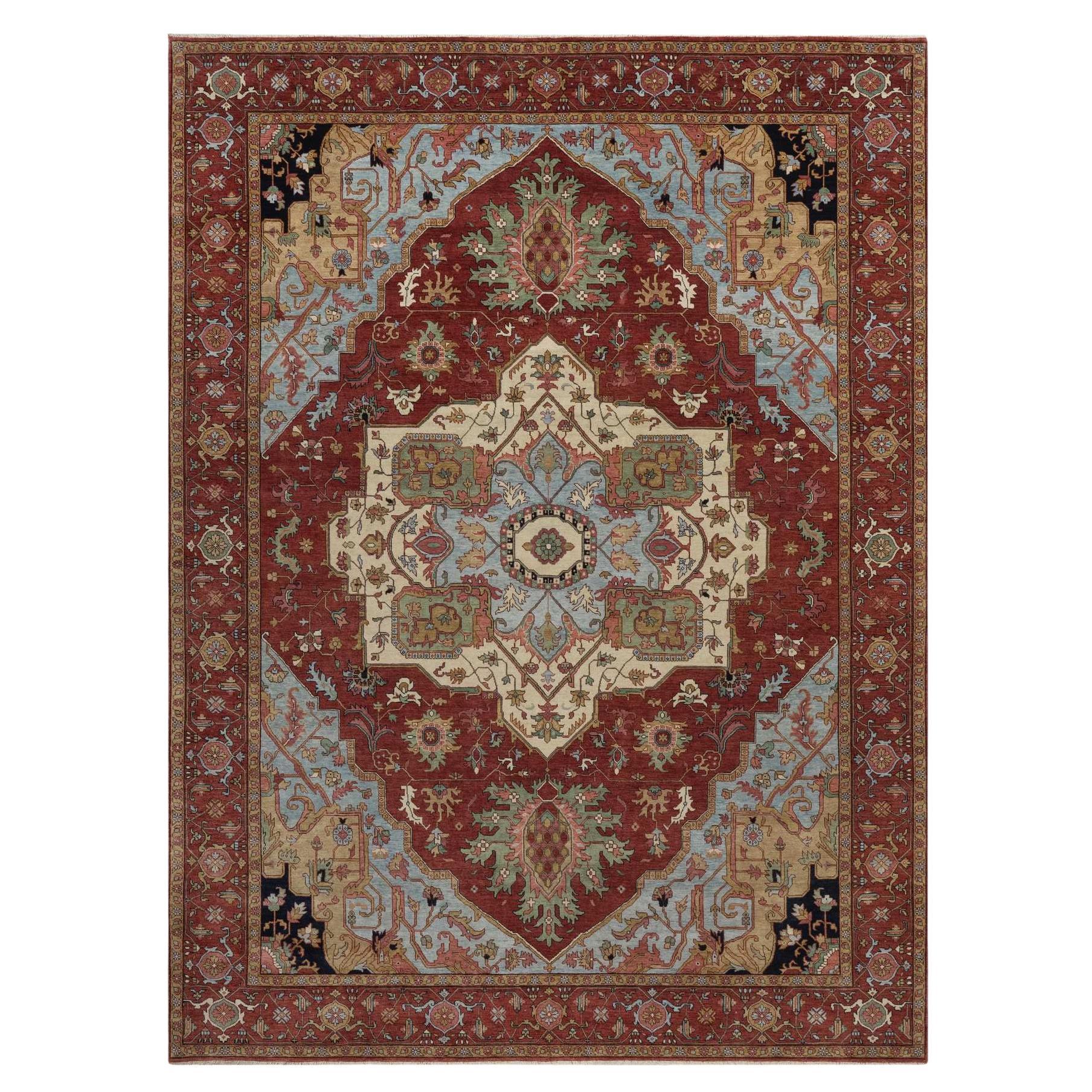 9'x12'2" Red Antiqued Fine Heriz Recreation Pure Wool Hand Knotted Oriental Rug