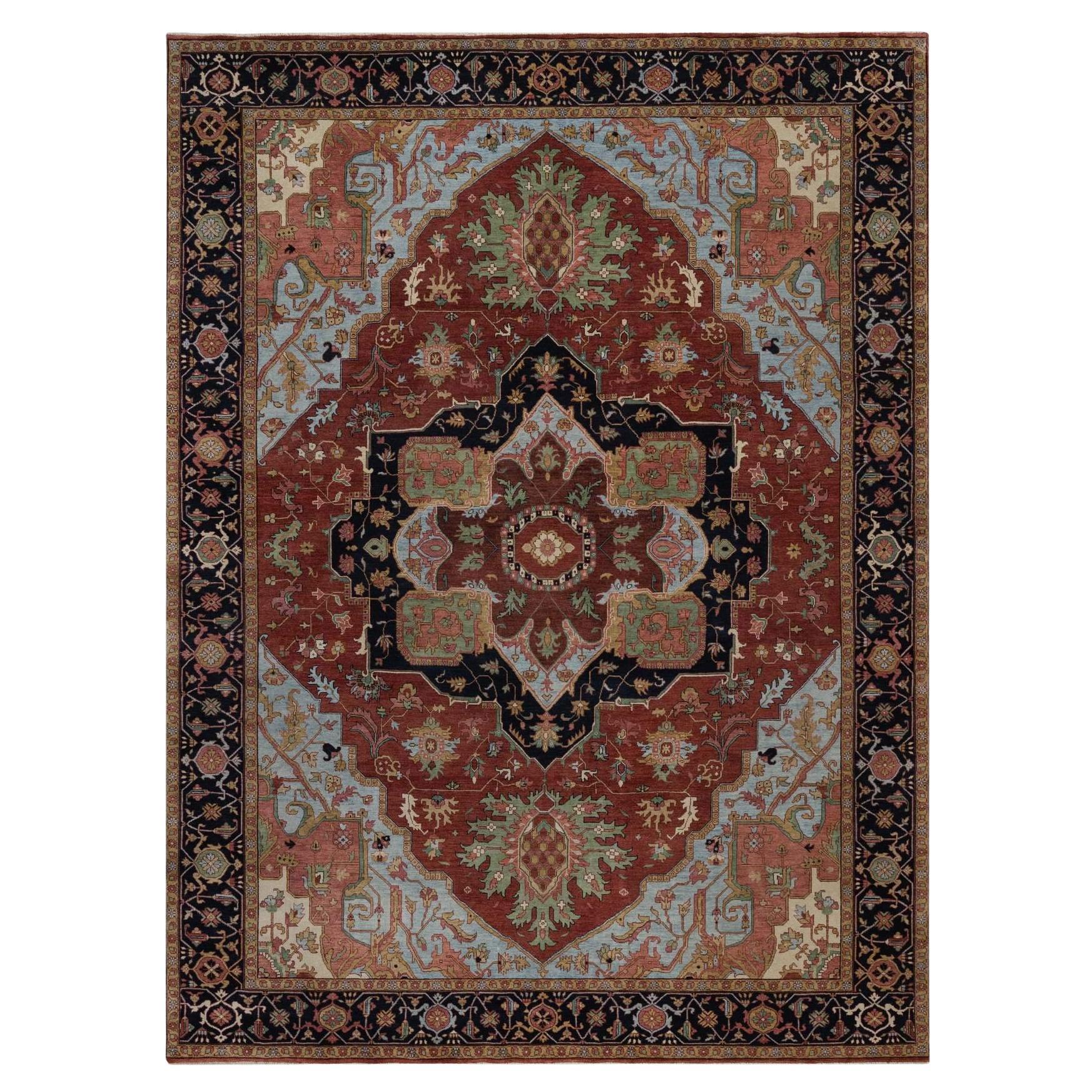 9'x12'2" Red Hand Knotted Wool Antiqued Fine Heriz Re-Creation Oriental Rug For Sale