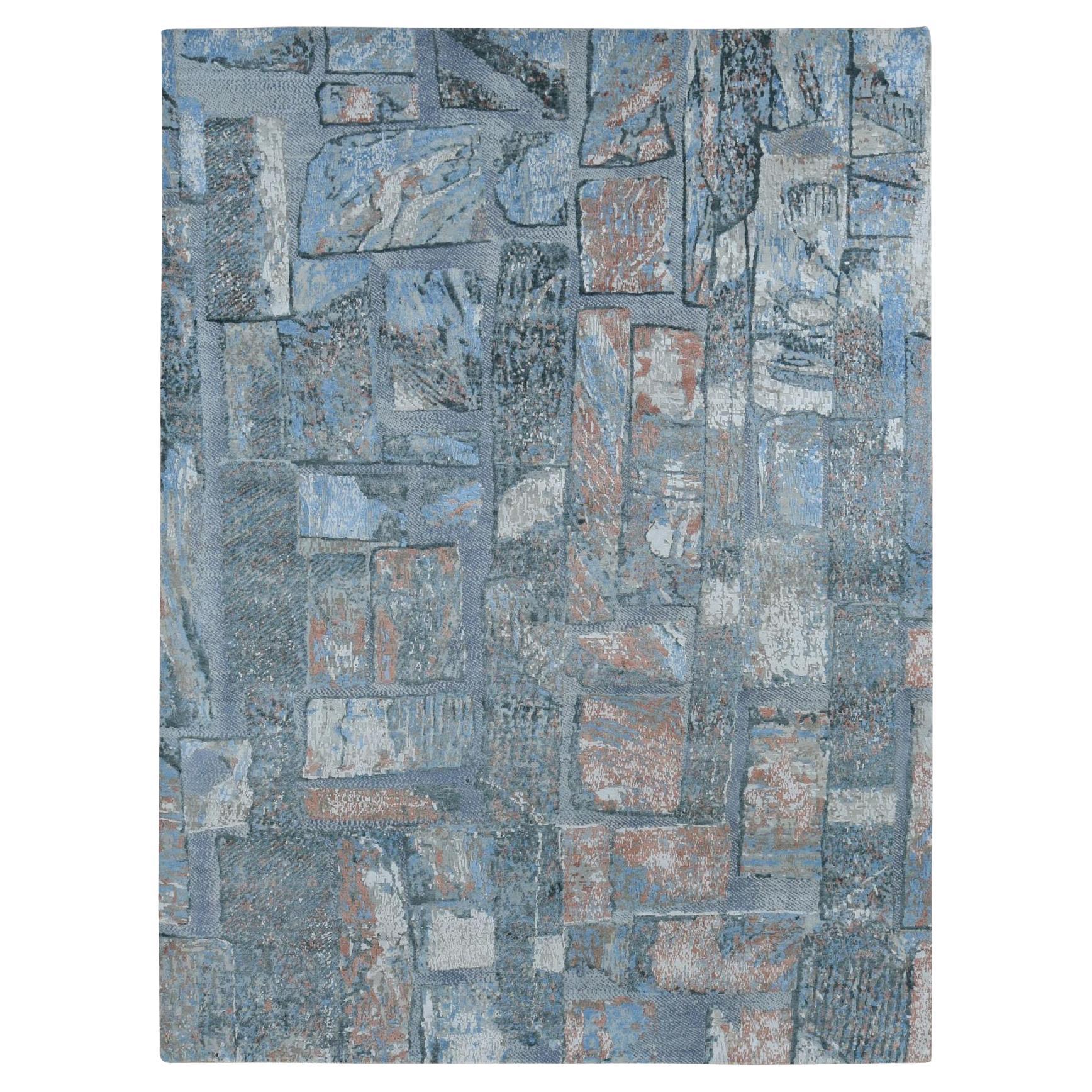 Alfombra de lana y seda anudada a mano con diseño moderno de ladrillos azul rojizo de 9
x12
2