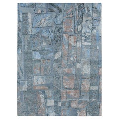 9'x12'2" Ruddy Blue Modern Brick Design Hand Knotted Wool and Silk Rug