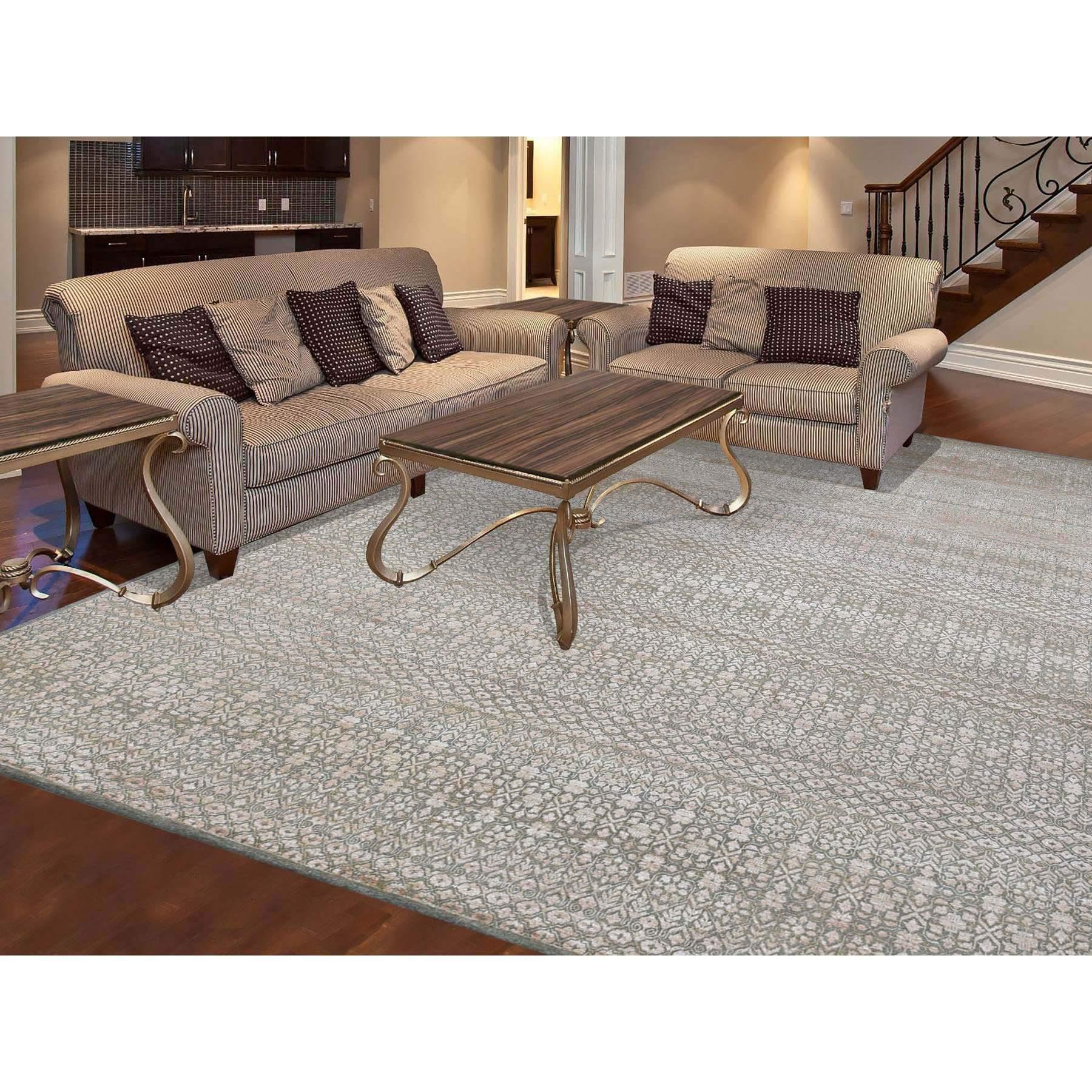 This is a truly genuine one-of-a-kind Taupe, Small Repetitive Flower and Tree Design, Silken Textured Wool Hand Knotted, Oriental Rug. It has been Knotted for months and months in the centuries-old weaving craftsmanship techniques by expert