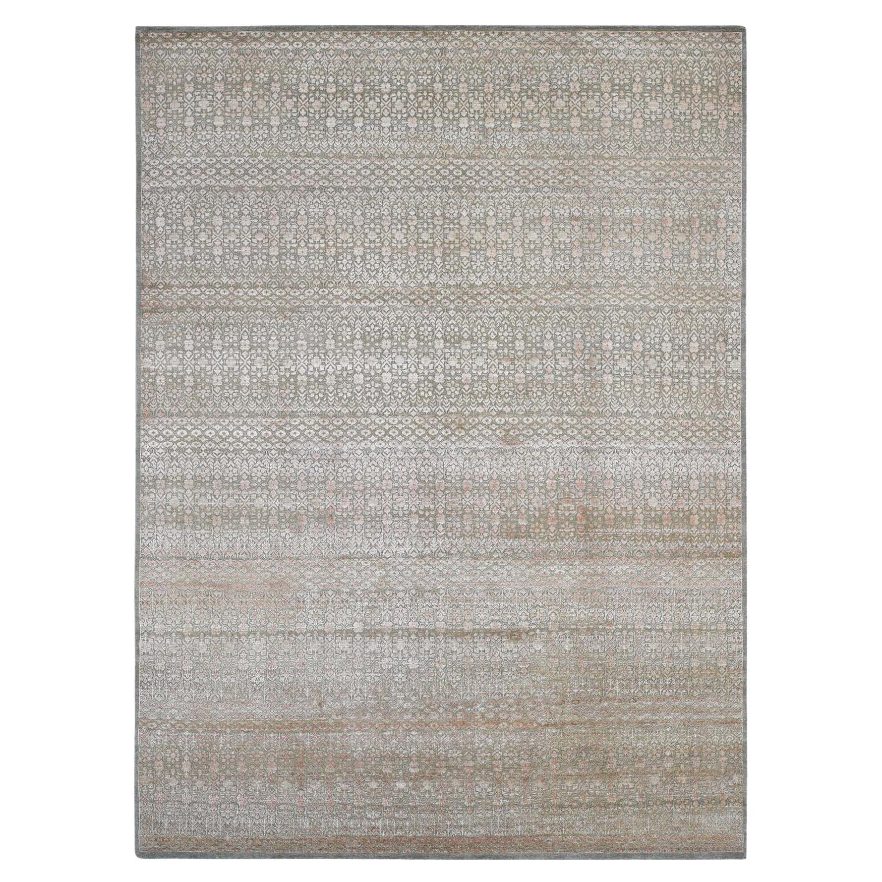 9'x12'2" Taupe Small Repetitive Flower Design Silken Wool Hand Knotted Rug For Sale
