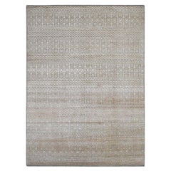 9'x12'2" Taupe Small Repetitive Flower Design Silken Wool Hand Knotted Rug