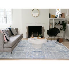 9'x12'2" Wool and Pure Silk Hand Knotted Blue Jewellery Design Oriental Rug