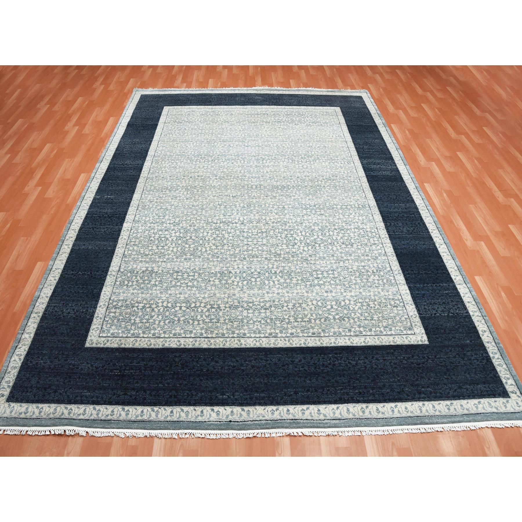 Médiéval Tapis oriental noué à la main, design moderne et bleu 9'x12'3