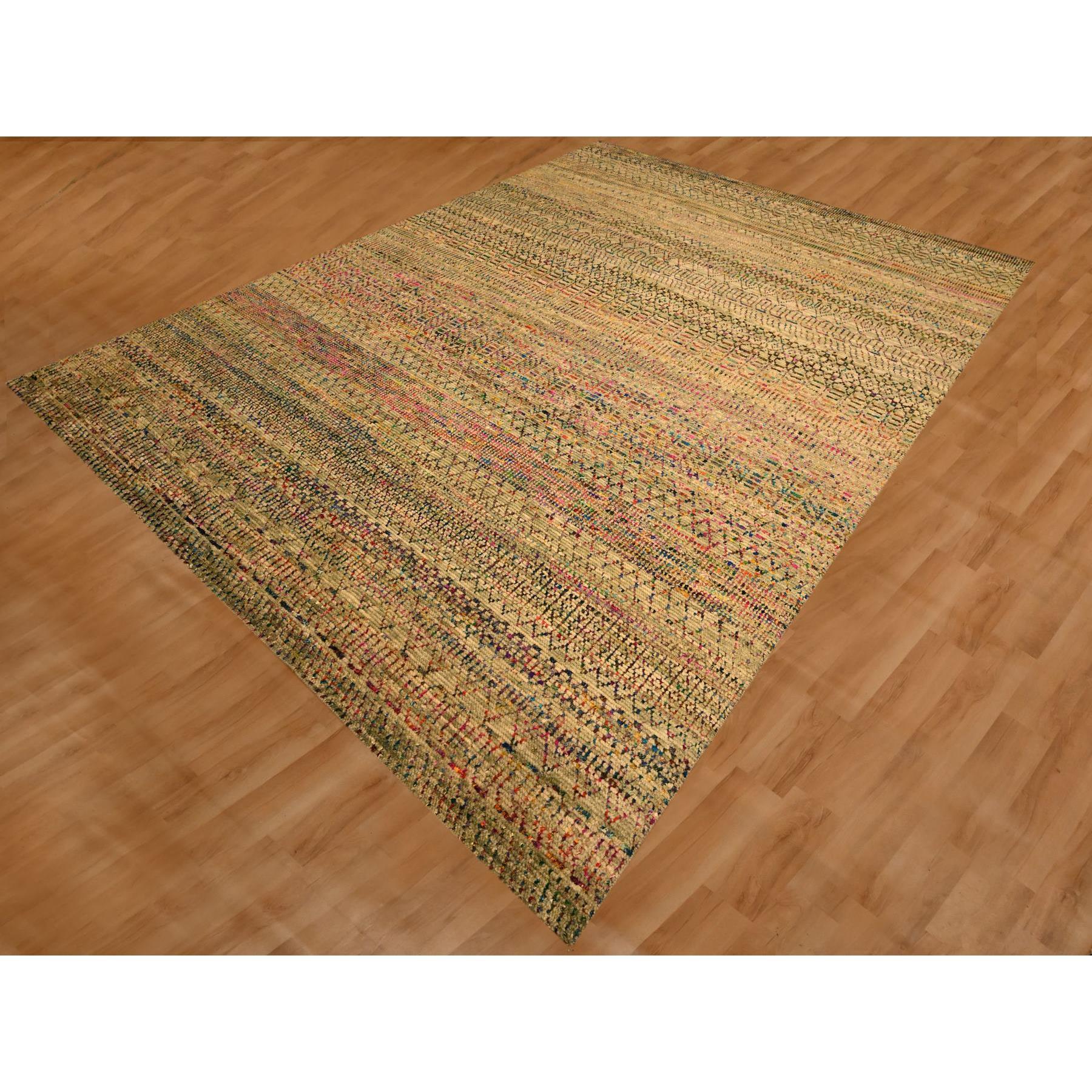 Alfombra Oriental Anudada a Mano con Diseño Geométrico de Seda y Lana Sari Marrón 9'x12'3 Moderno en venta