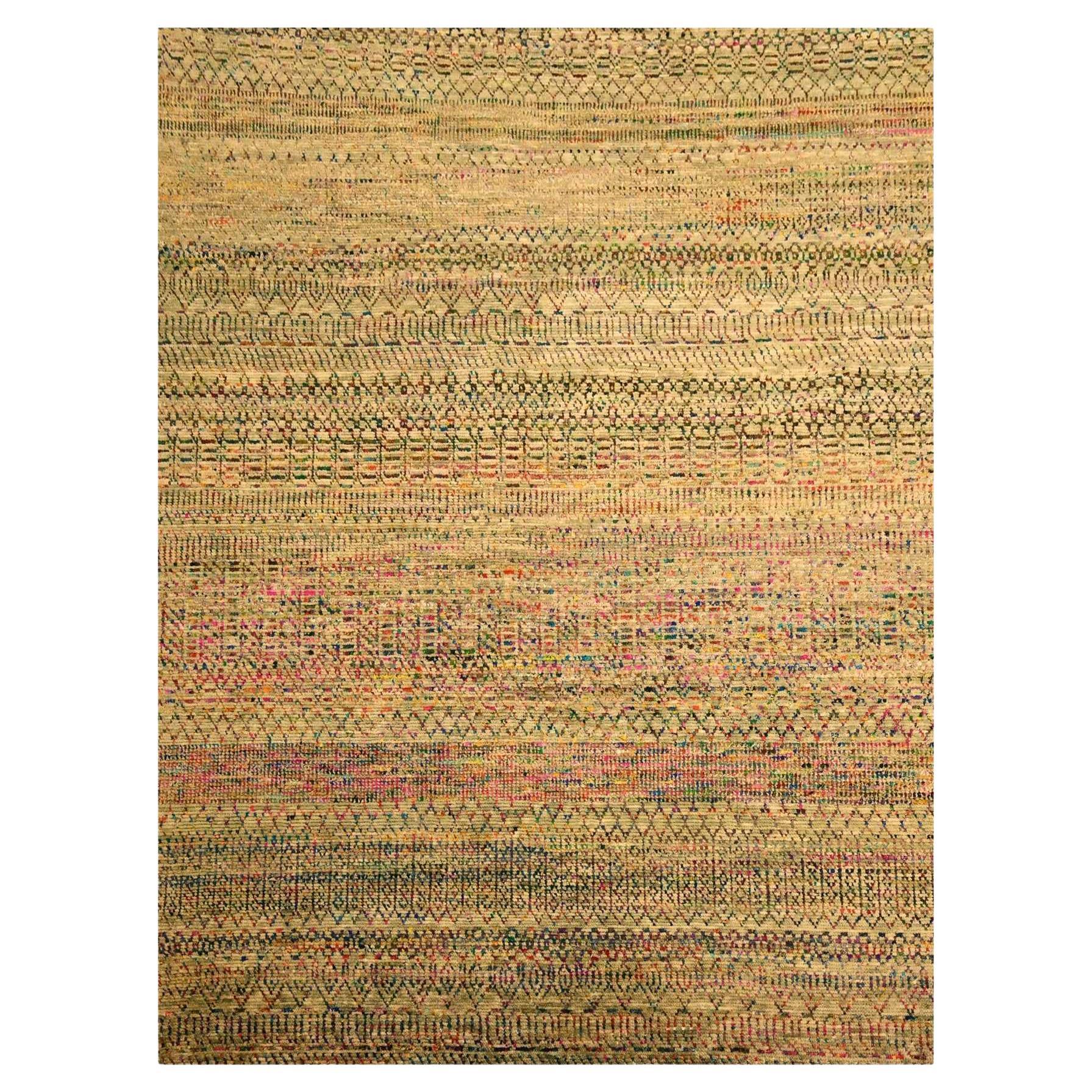 Alfombra Oriental Anudada a Mano con Diseño Geométrico de Seda y Lana Sari Marrón 9'x12'3