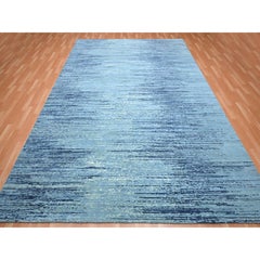 9'x12'3" Cerulean Blue Pure Wool Horizontal Ombre Design Hand Knotted Rug