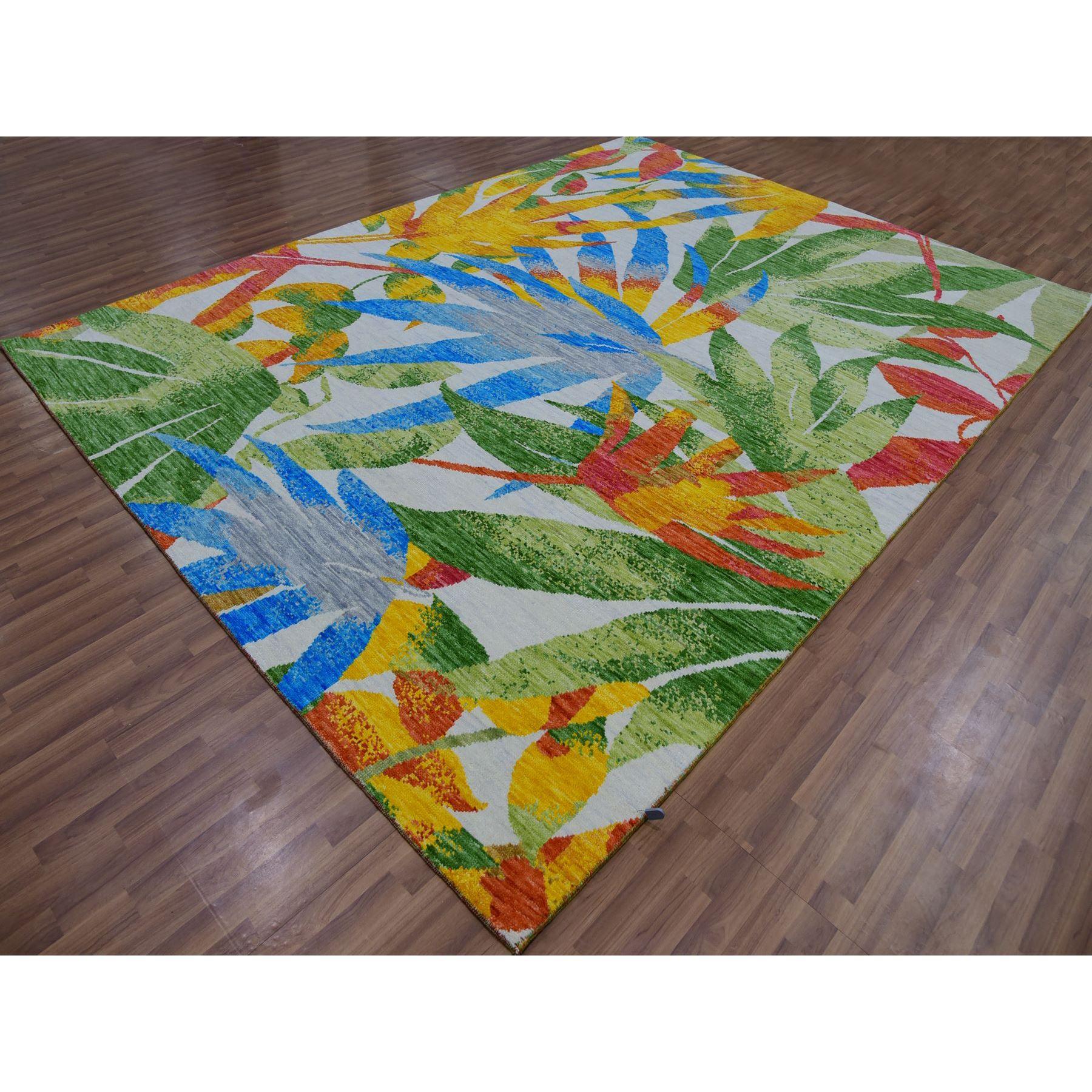 Alfombra de lana anudada a mano de diseño moderno y botánico Daisy blanca de 9'x12'3 Moderno en venta