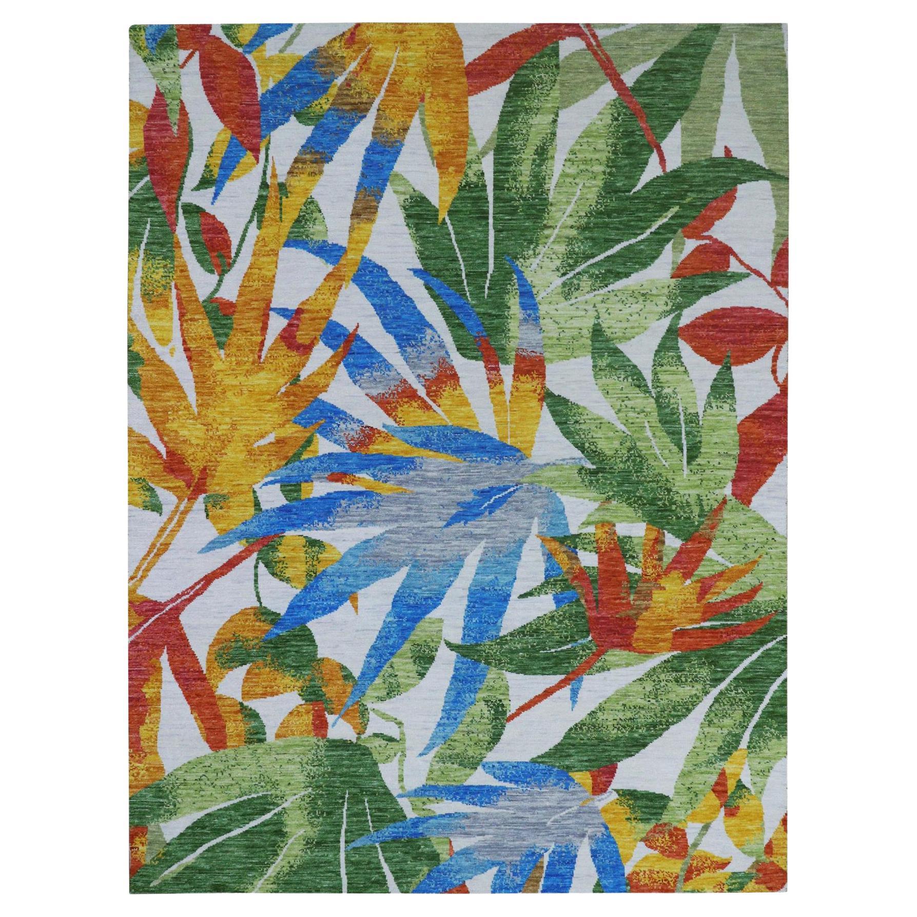 Alfombra de lana anudada a mano de diseño moderno y botánico Daisy blanca de 9'x12'3
