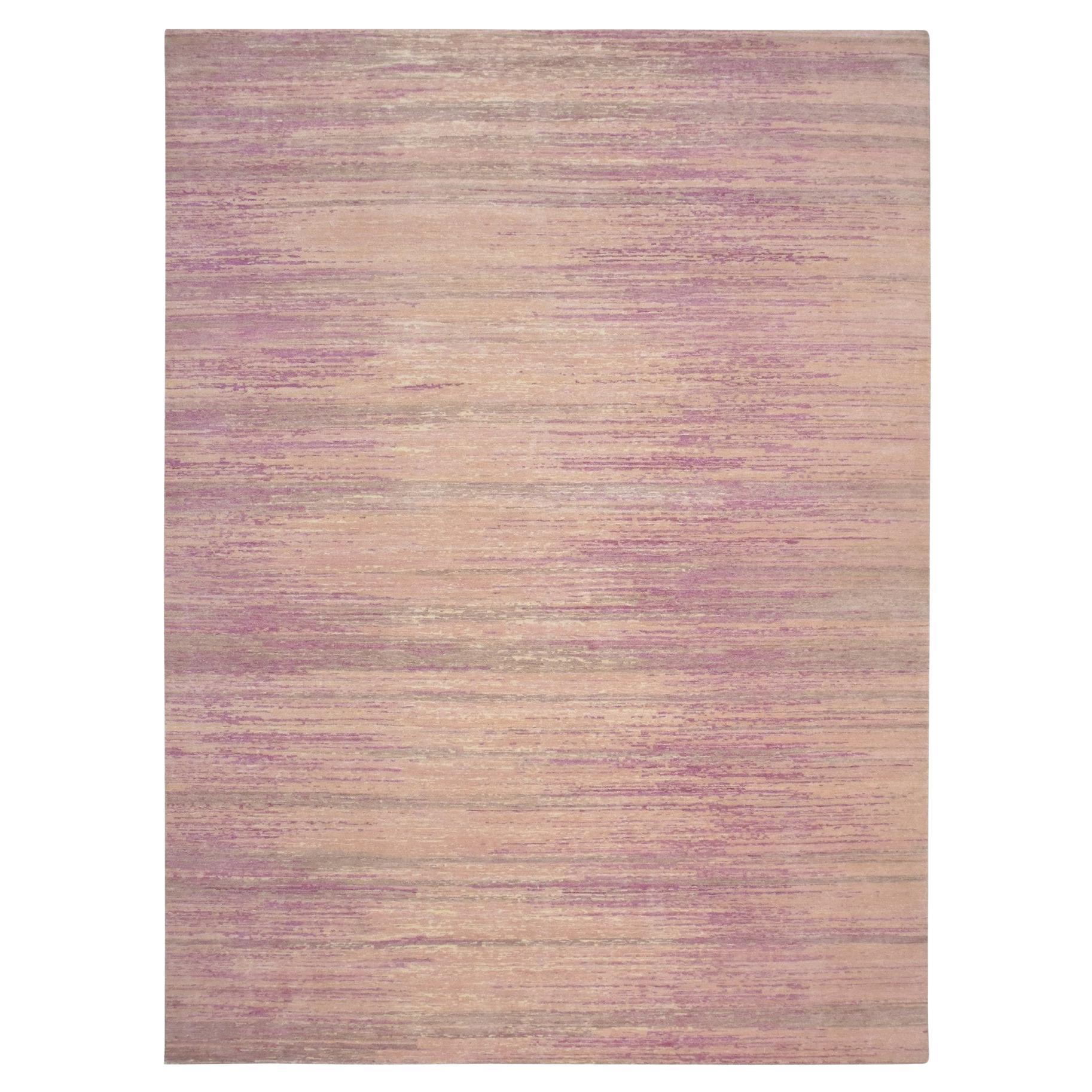 Alfombra de Pura Lana Anudada a Mano con Diseño Ombre Horizontal Rosa Flamingo de 9'x12'3