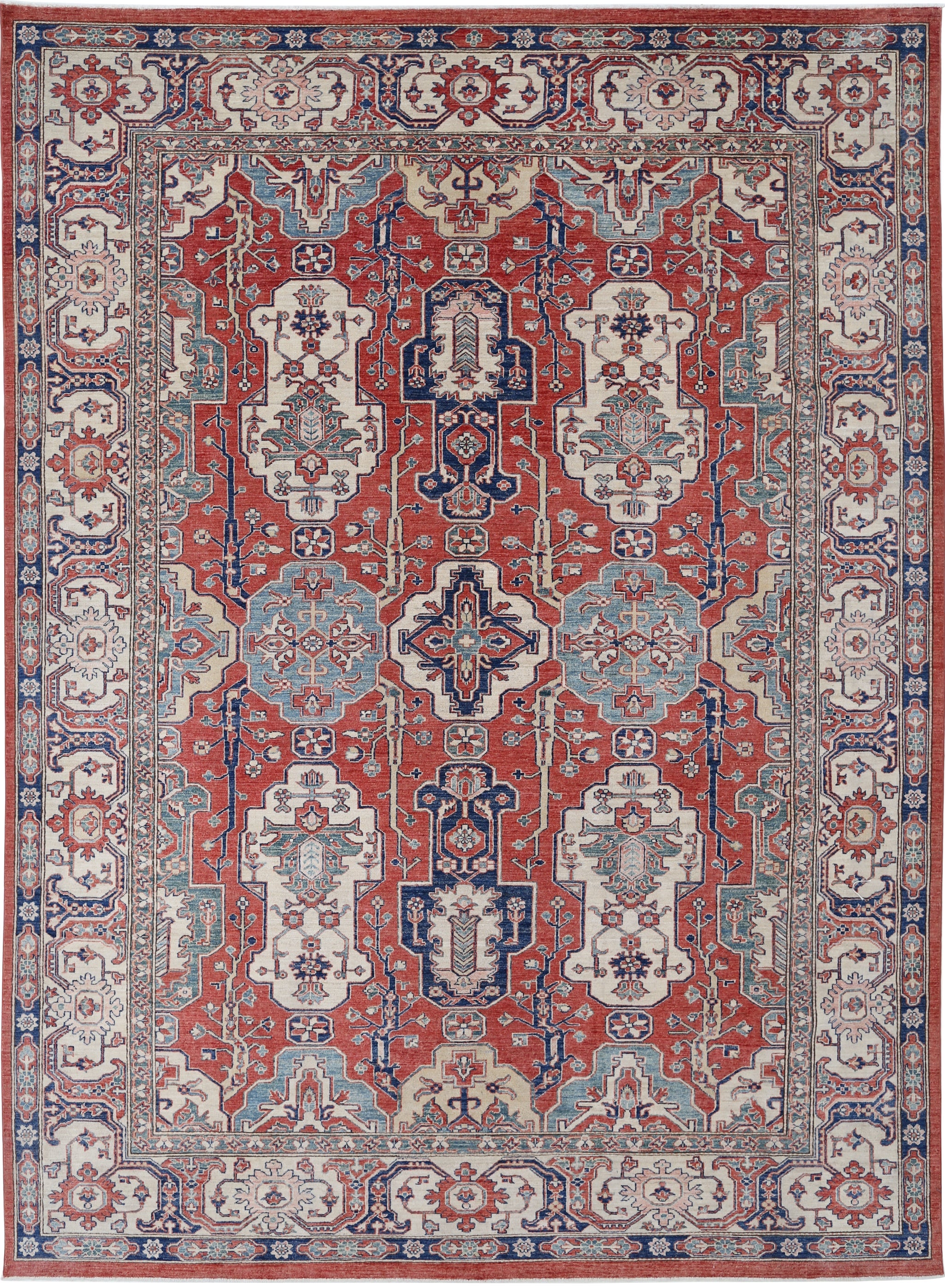 9x12.3 ft Handknotted Tribal Red Large Area Rug for Home Decor. 100% Wool Carpet