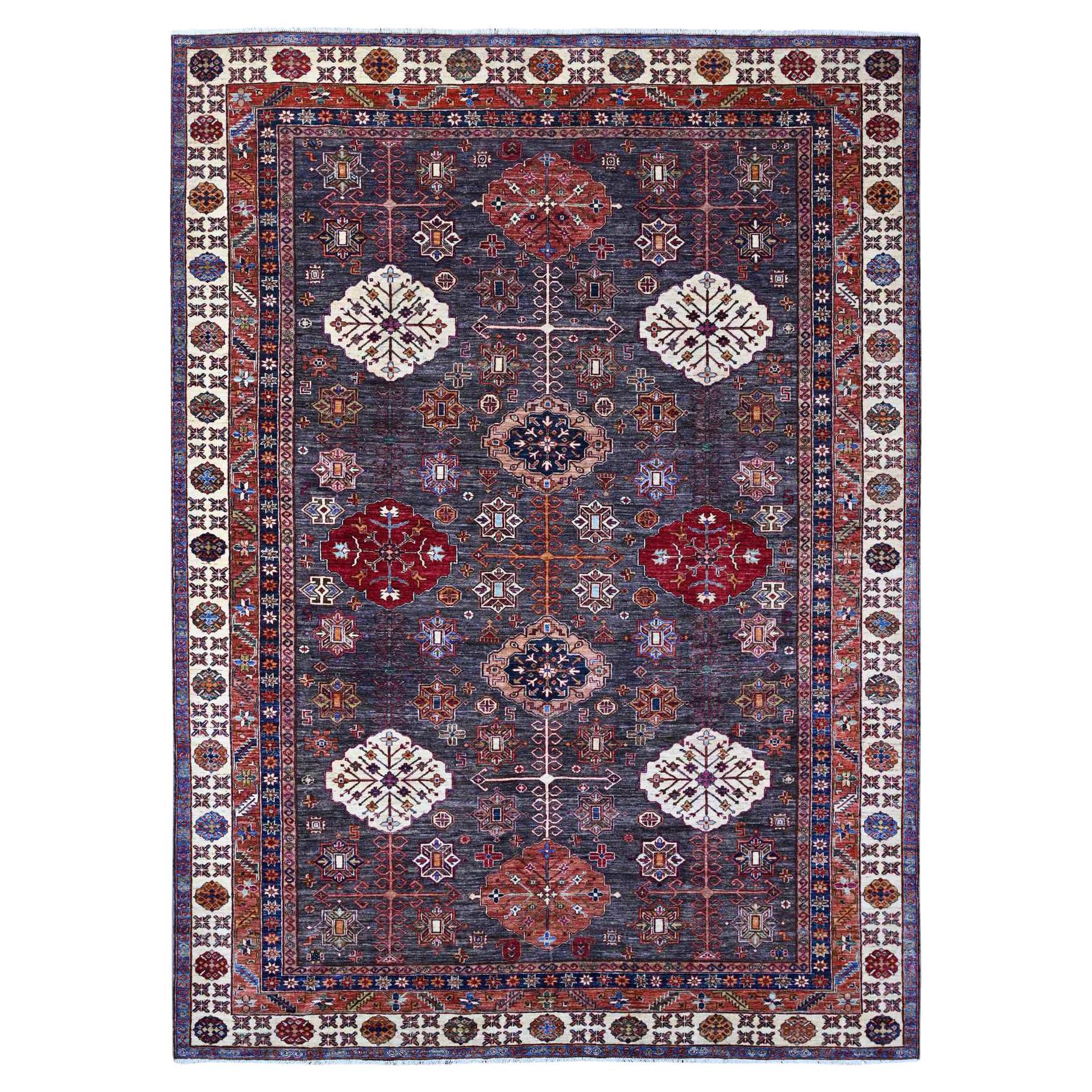 9'x12'3" Gray Tribal Medallions Hand Knotted Super Kazak Wool Oriental Rug