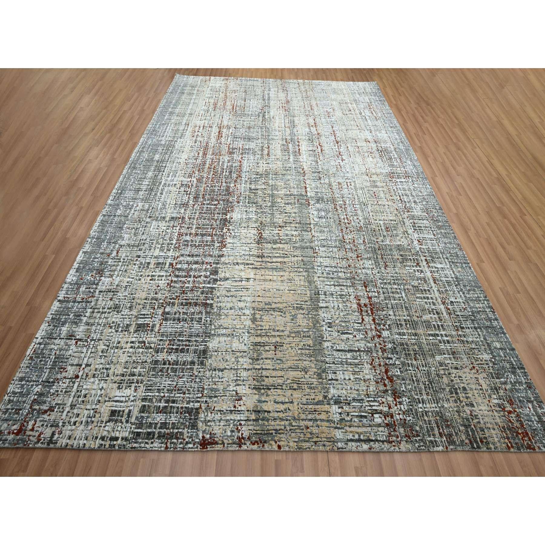 Anchor Gray with Beige, Persian Knot, Abstract with Galaxy Design, 100% Wool, Hand Knotted, Densely Woven, Oriental Rug
Primary materials: Wool
Latex: No Pile 
height: 0.25 Inches
Style: Contemporary
Primary color: Grey
Secondary colors: Beige,