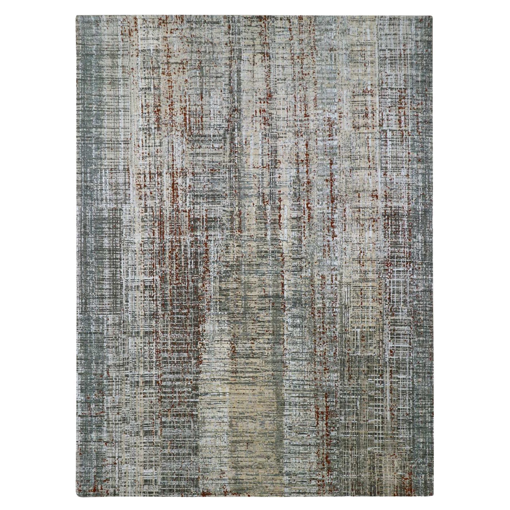 9'x12'3" Gray with Beige Persian Knot Abstract Design Hand Knotted All Wool Rug