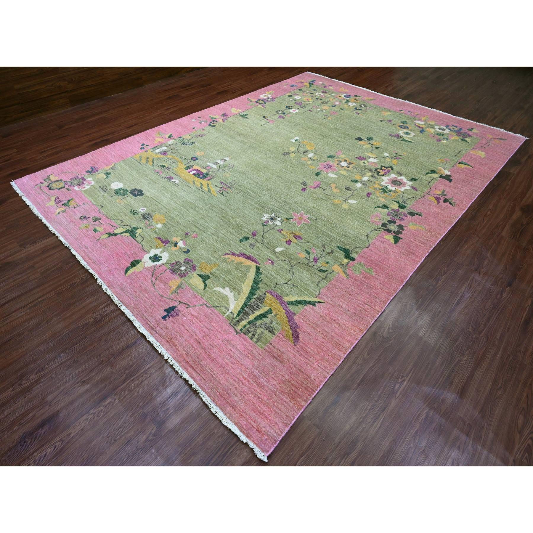 Alfombra de pura lana anudada a mano inspirada en el art déco chino verde Peshawar de 9'x12'3 Art Decó en venta