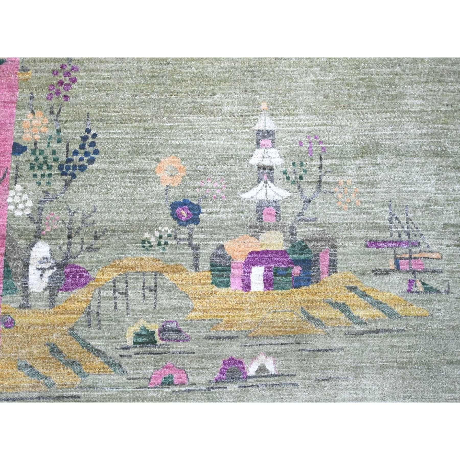 Alfombra de pura lana anudada a mano inspirada en el art déco chino verde Peshawar de 9'x12'3 Lana en venta
