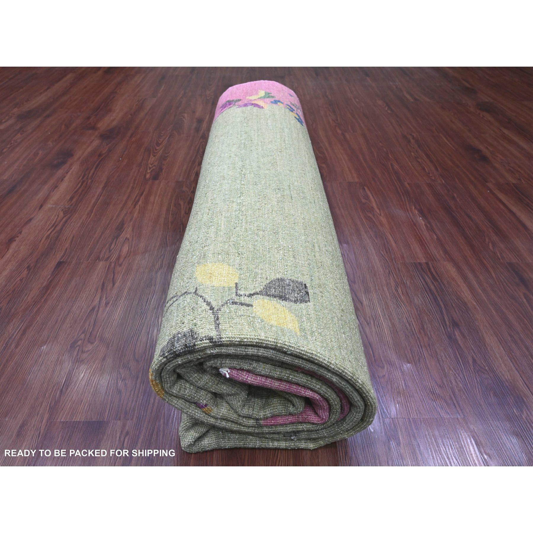 Alfombra de pura lana anudada a mano inspirada en el art déco chino verde Peshawar de 9'x12'3 en venta 1