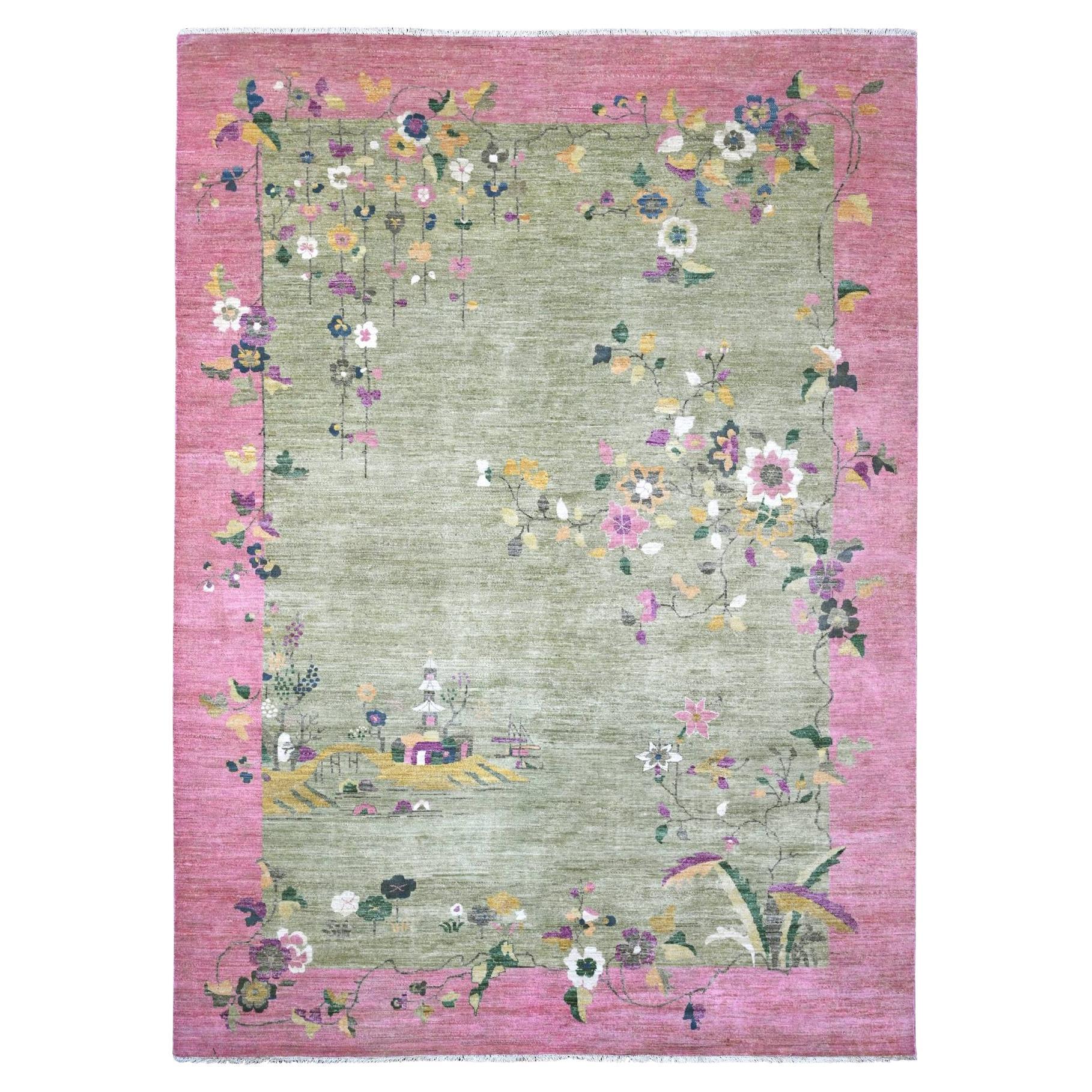 9'x12'3" Green Chinese Art Deco Inspired Peshawar Hand Knotsted Pure Wool Rugs (tapis de laine pure)