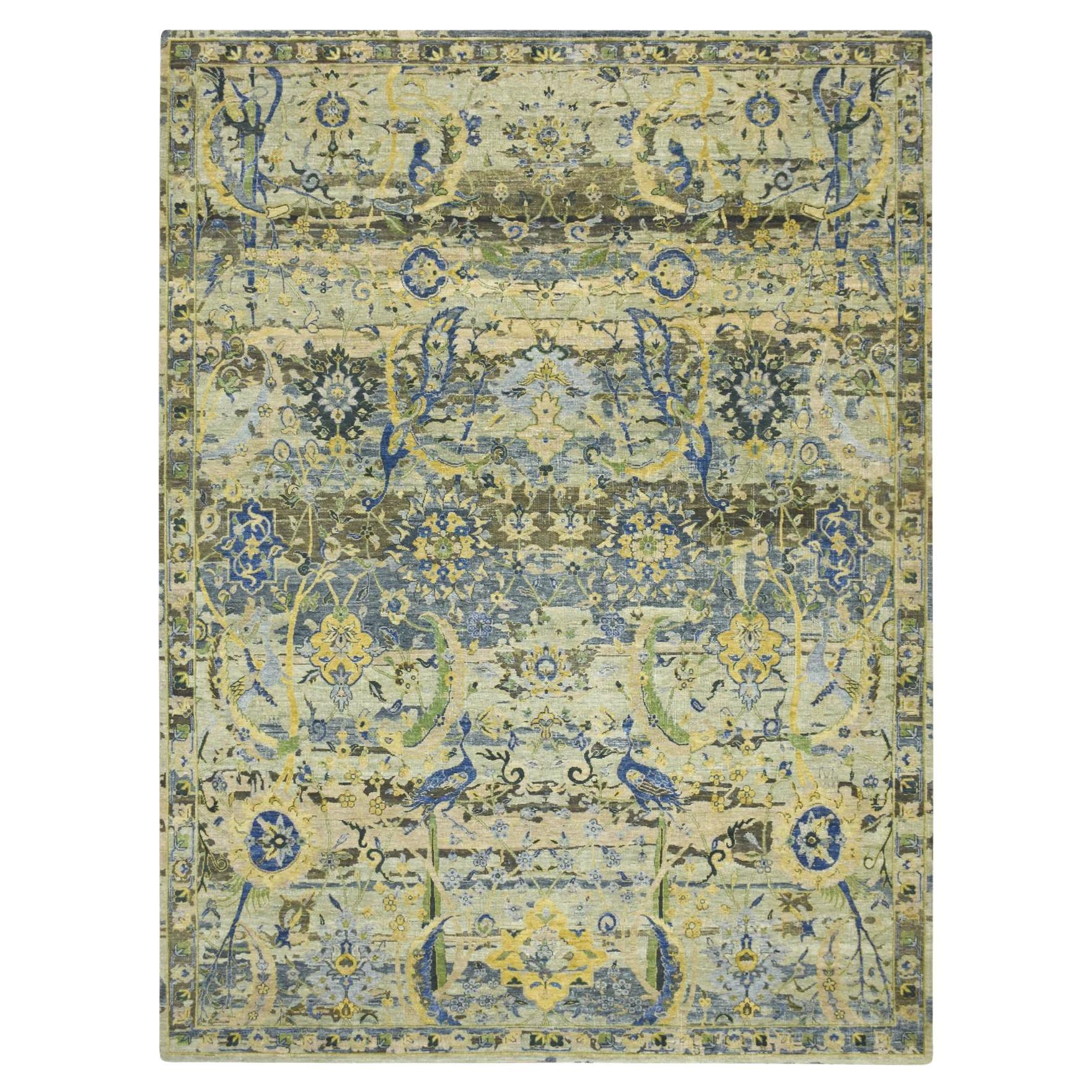 9'x12'3" Grün gelöscht Persisch inspiriert mit Vögeln Design Hand geknüpft Wolle Teppich