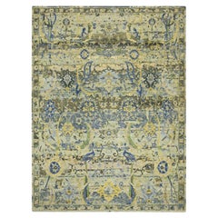 9'x12'3" Green Erased Persian Inspired with Birds Design Hand Knotted Wool Rug