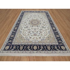 9'x12'3" Ivory Nain with Flower Medallion Design Hand Knotted Wool and Silk Rug