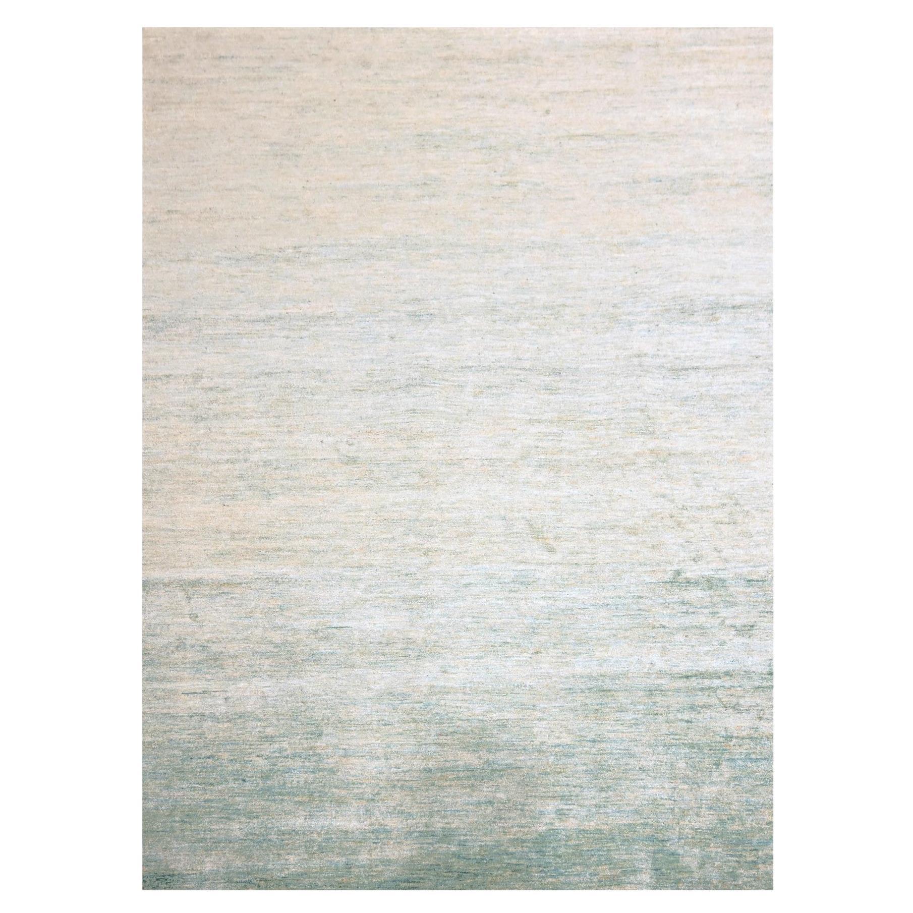 9'x12'3" Light Green Plain Solid Design Pure Sari Silk Hand Knotted Rug im Angebot
