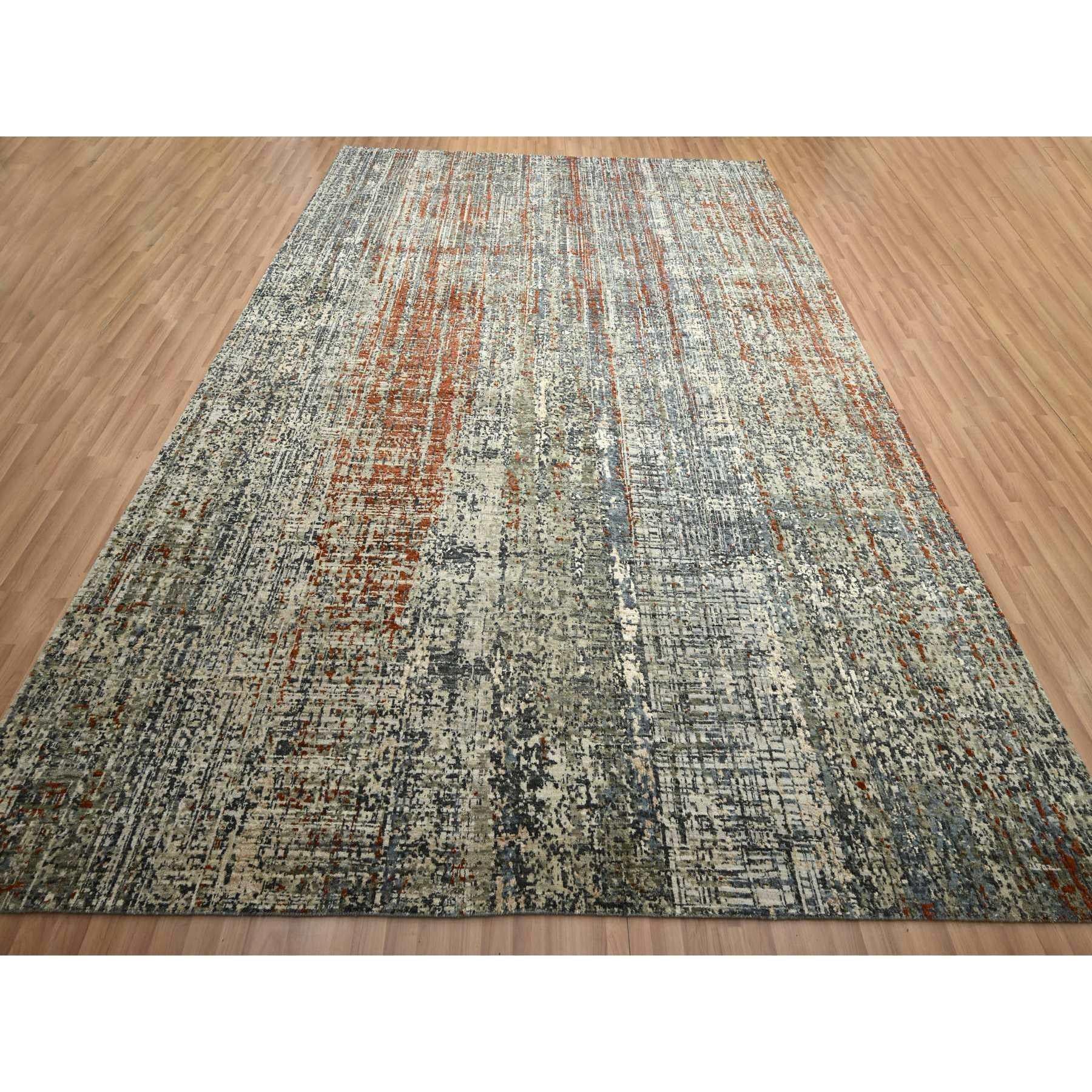 Beige with Rust Red, Persian Knot, Abstract with Galaxy Design, 100% Wool, Hand Knotted, Densely Woven, Oriental Rug
Primary materials: Wool
Latex: No Pile 
height: 0.25 Inches
Style: Contemporary
Primary color: Beige
Secondary colors: Rust, Brown,