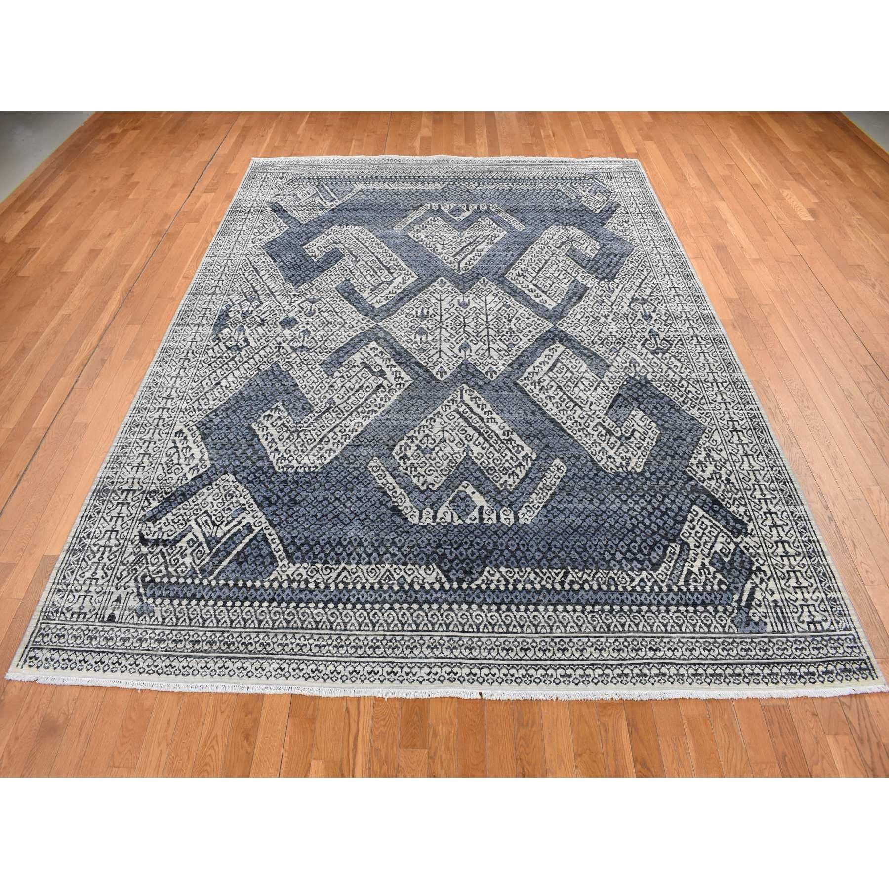 Vista White, Hand Knotted, Tone on Tone, Pure Silk and Textured Pile, Small Repetitive Design Within A Larger Scale Geometric Motif, Oriental Rug
Primary materials: Wool & Silk
Latex: No Pile 
height: 0.25 Inches
Style: Traditional
Primary color: