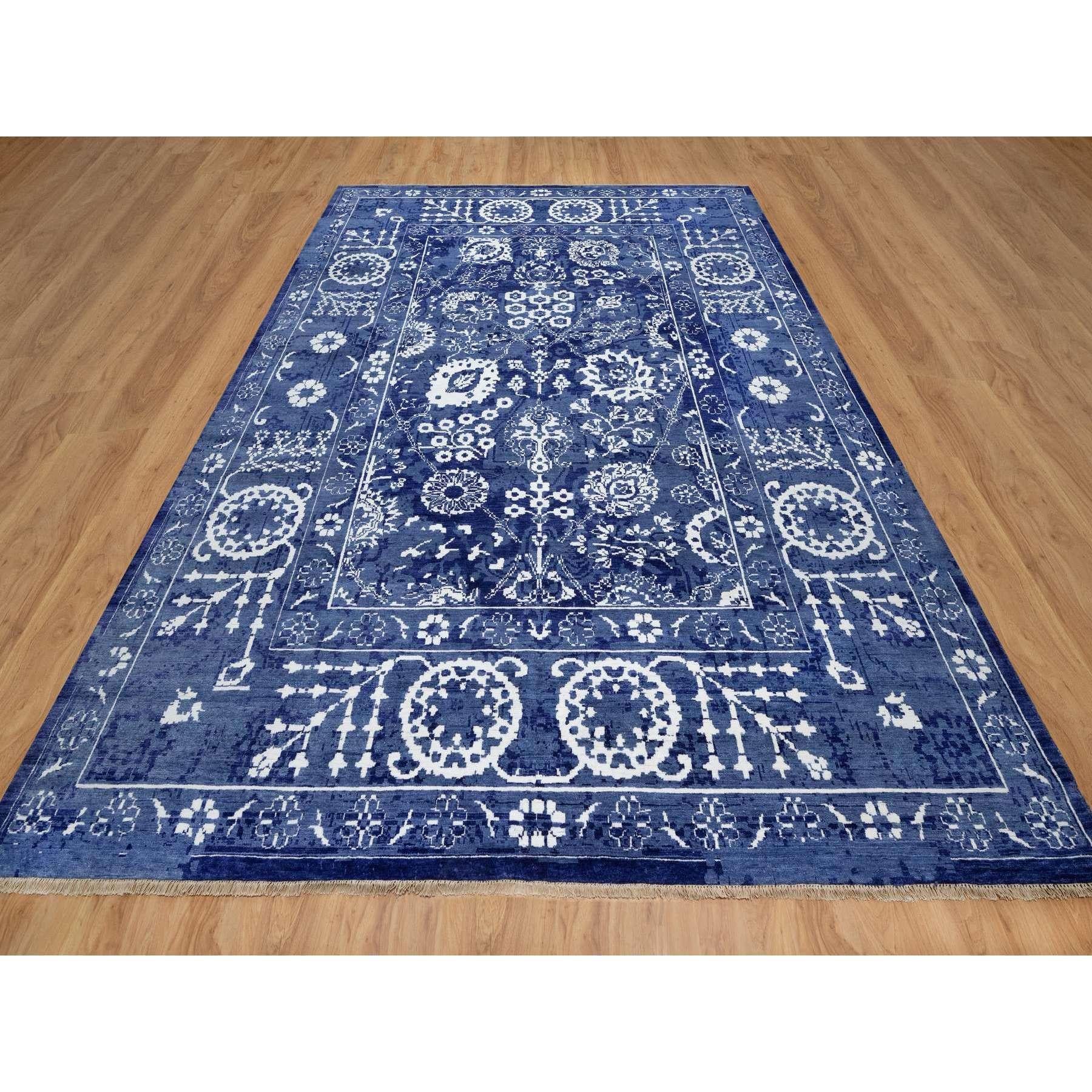 Yale Blue, Tabriz with All Over Leaf Motifs, Hand Knotted, Tone on Tone, Wool and Silk, Oriental Rug
Primary materials: Wool & Silk
Latex: No Pile 
height: 0.25 Inches
Style: Transitional
Primary color: Blue
Secondary colors: Ivory, Shades of