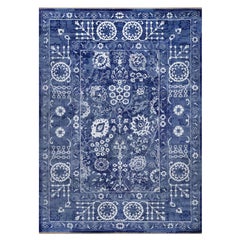 9'x12'3" Yale Blue Tabriz with Leaf Motifs Hand Knotted Wool and Silk Rug