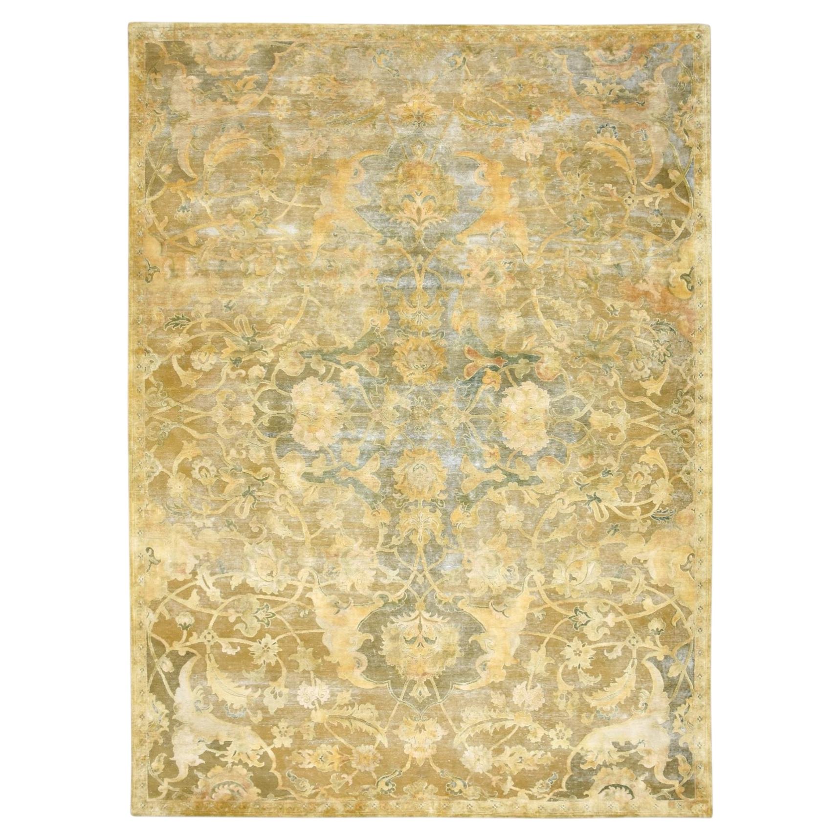 9'x12'3" Gelber, handgeknüpfter Teppich aus reiner Seide im persischen Polonaise-Stil