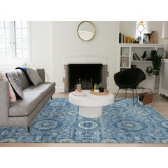 9'x12'4" Blue, Pure Silk, Borderless Antiqued Mamluk Design, Hand Knotted Rug
