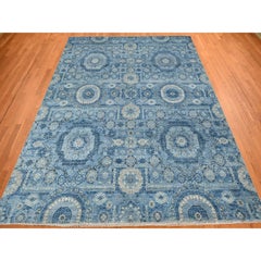 9'x12'4" Blue, Pure Silk, Borderless Antiqued Mamluk Design, Hand Knotted Rug