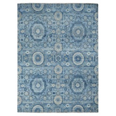 9'x12'4" Blue, Pure Silk, Borderless Antiqued Mamluk Design, Hand Knotted Rug