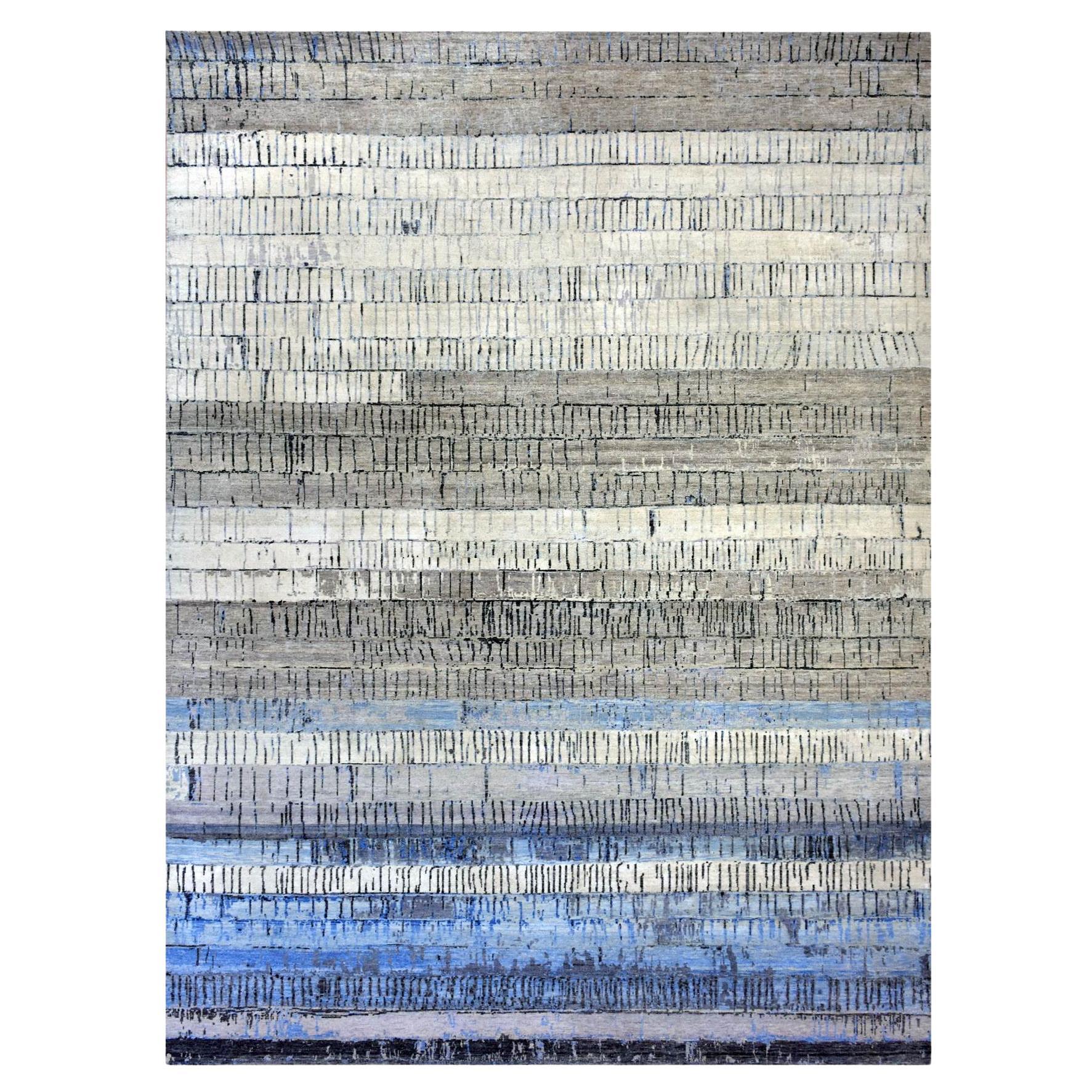 9
x12
4" Tapis en laine noué à la main, gris et bleu, à design amnélique contemporain en vente