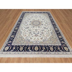 9'x12'4" Ivory Nain with Flower Medallion Design Hand Knotted Wool and Silk Rug