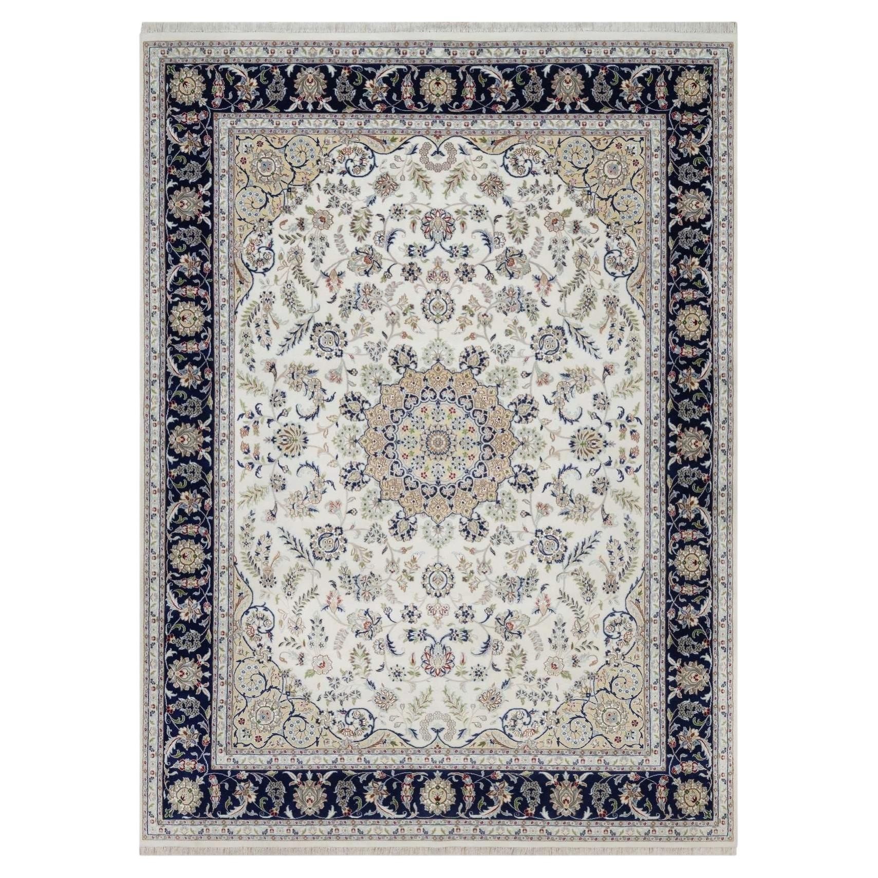 9'x12'4" Ivory Nain with Flower Medallion Design Hand Knotted Wool and Silk Rug