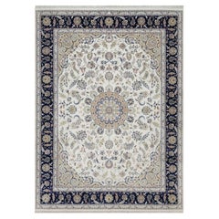 9'x12'4" Ivory Nain with Flower Medallion Design Hand Knotted Wool and Silk Rug